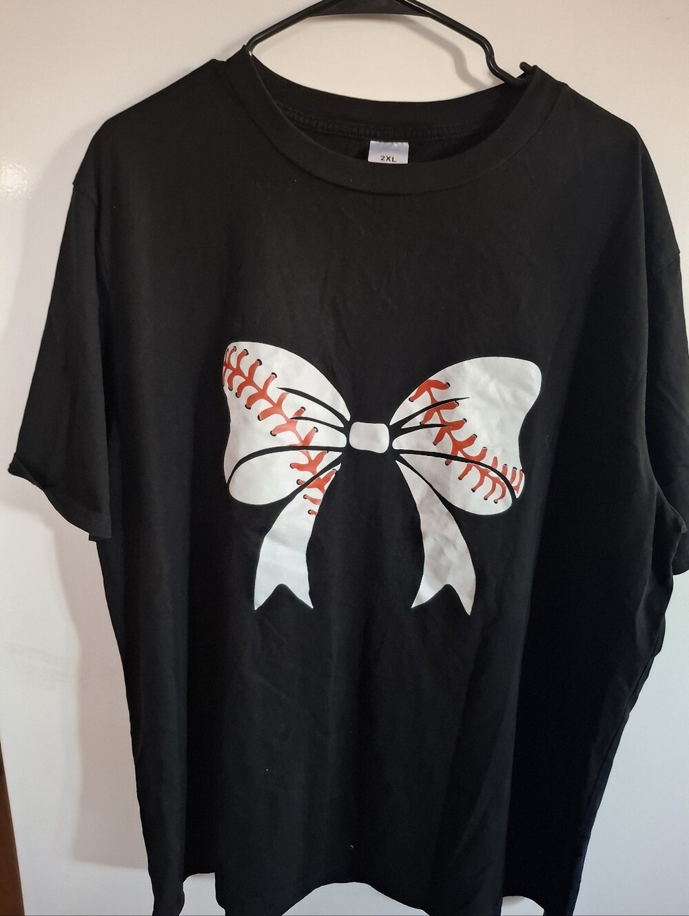 Black Women's T-Shirt with White & Red Baseball Bow Graphic